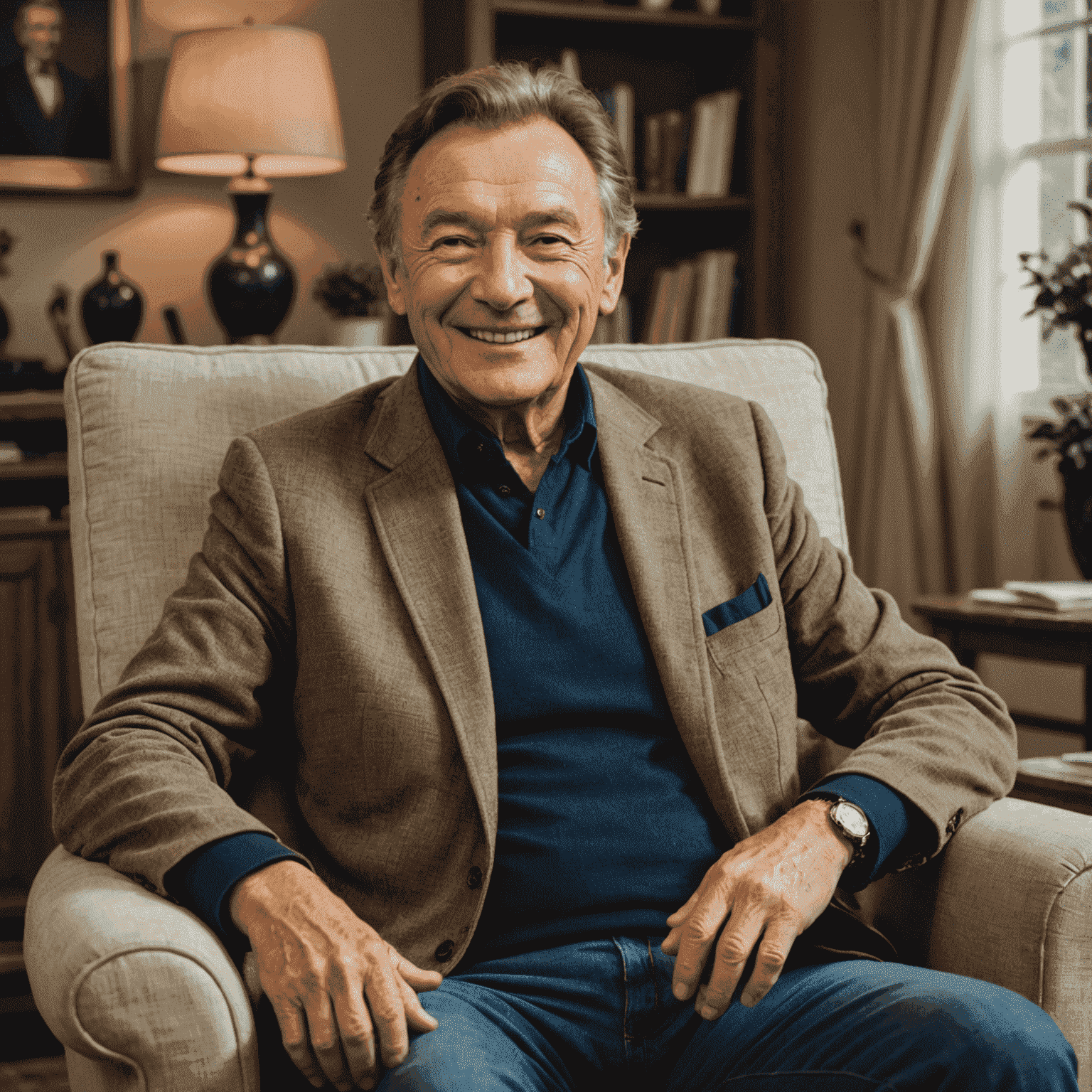 Karel Gott sedící v pohodlném křesle ve svém domě, usmívá se a gestikuluje během rozhovoru