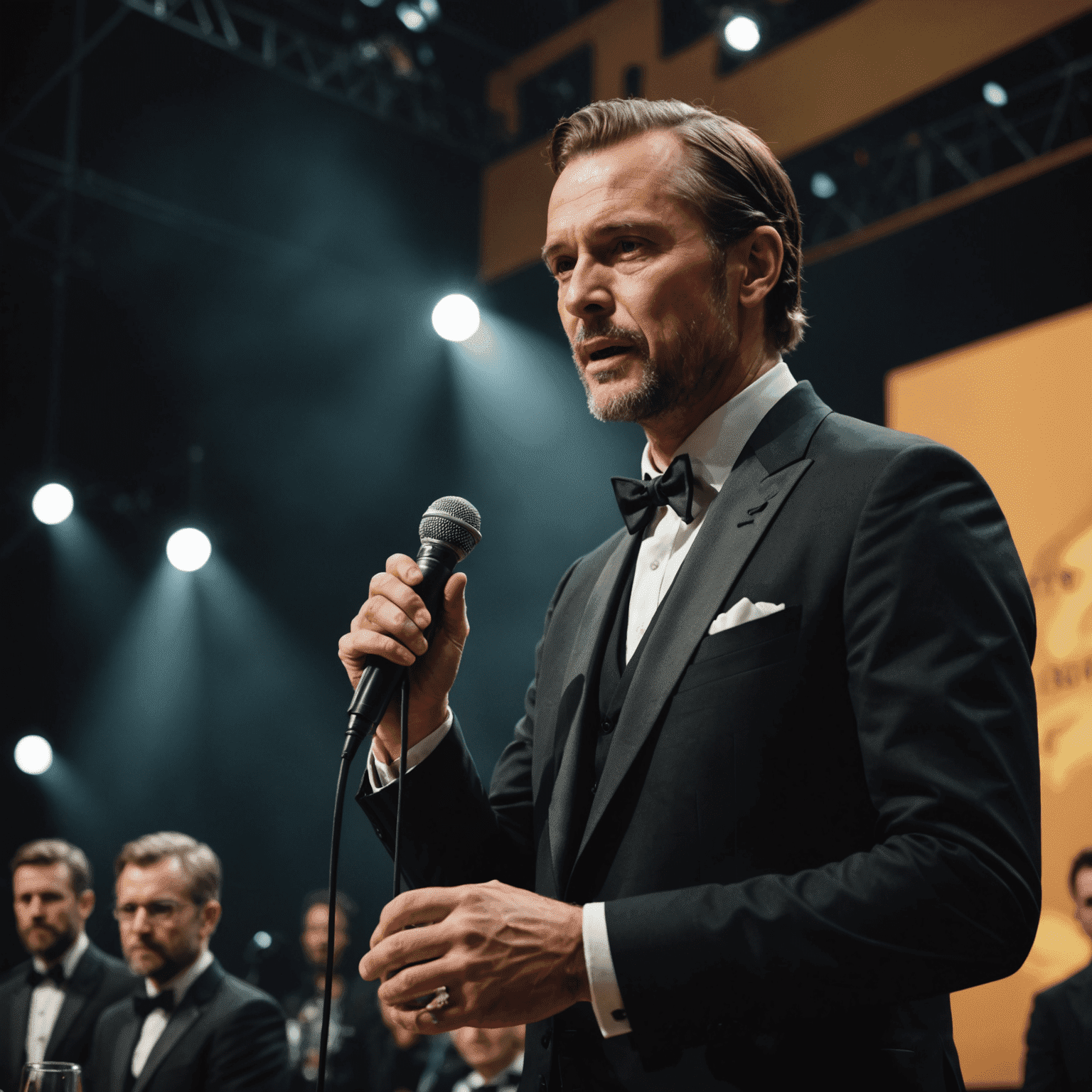 Jiří Bartoška na pódiu Mezinárodního filmového festivalu Karlovy Vary, elegantně oblečený v tmavém obleku, mluví do mikrofonu před publikem