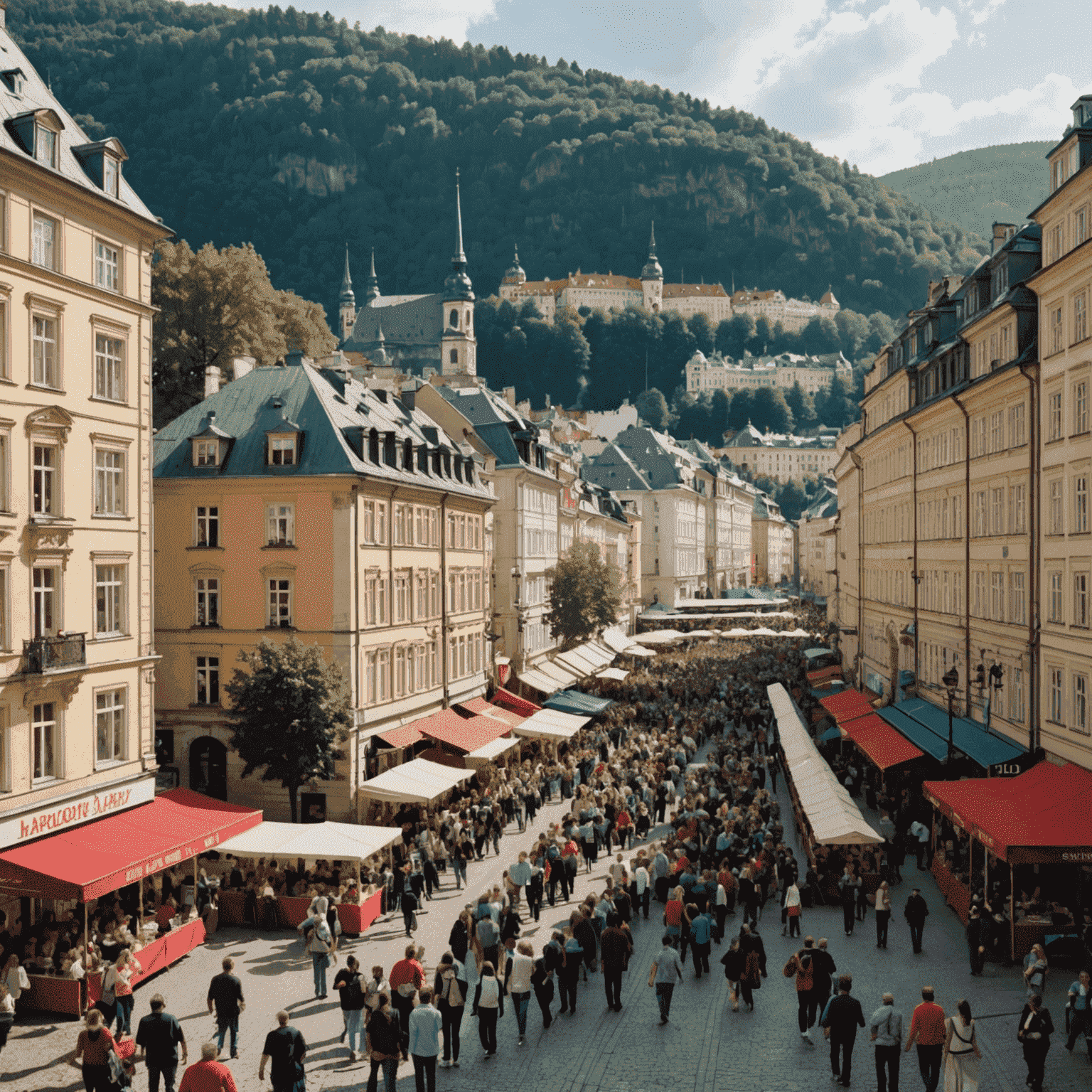 Pohled na Karlovy Vary během filmového festivalu, ulice plné lidí, filmové plakáty a červené koberce