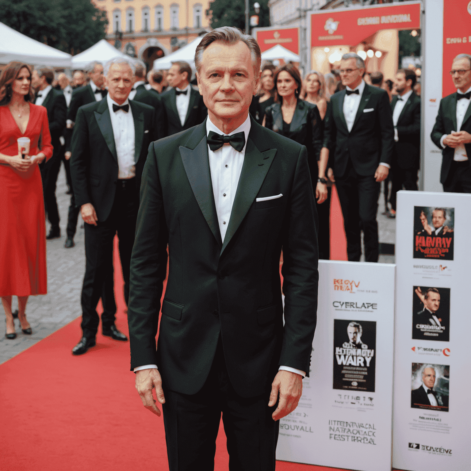 Jiří Bartoška na červeném koberci MFF Karlovy Vary, charismatický prezident festivalu v elegantním smokingu, v pozadí filmové plakáty a fotografové